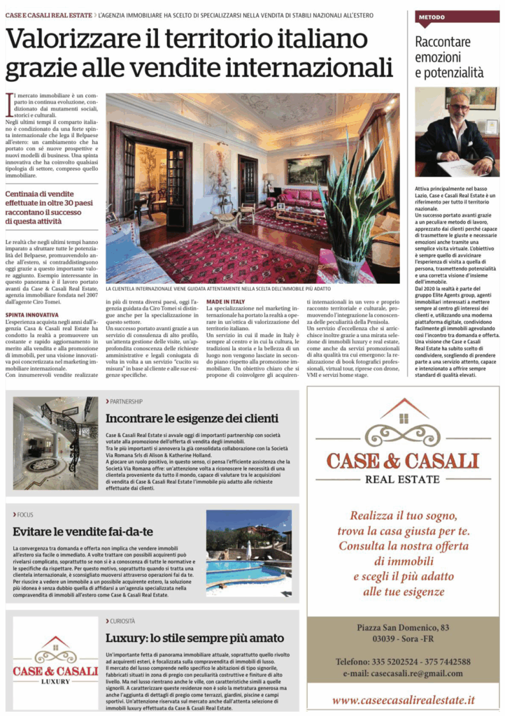 Articolo pubblicitario Case & Casali Real Estate sul valore delle vendite internazionali in Italia